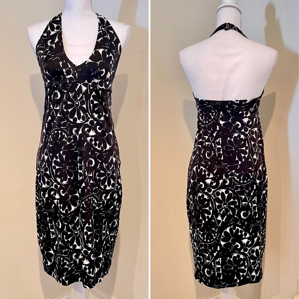 1990s Anna Sui Black & White Print Halter Dress